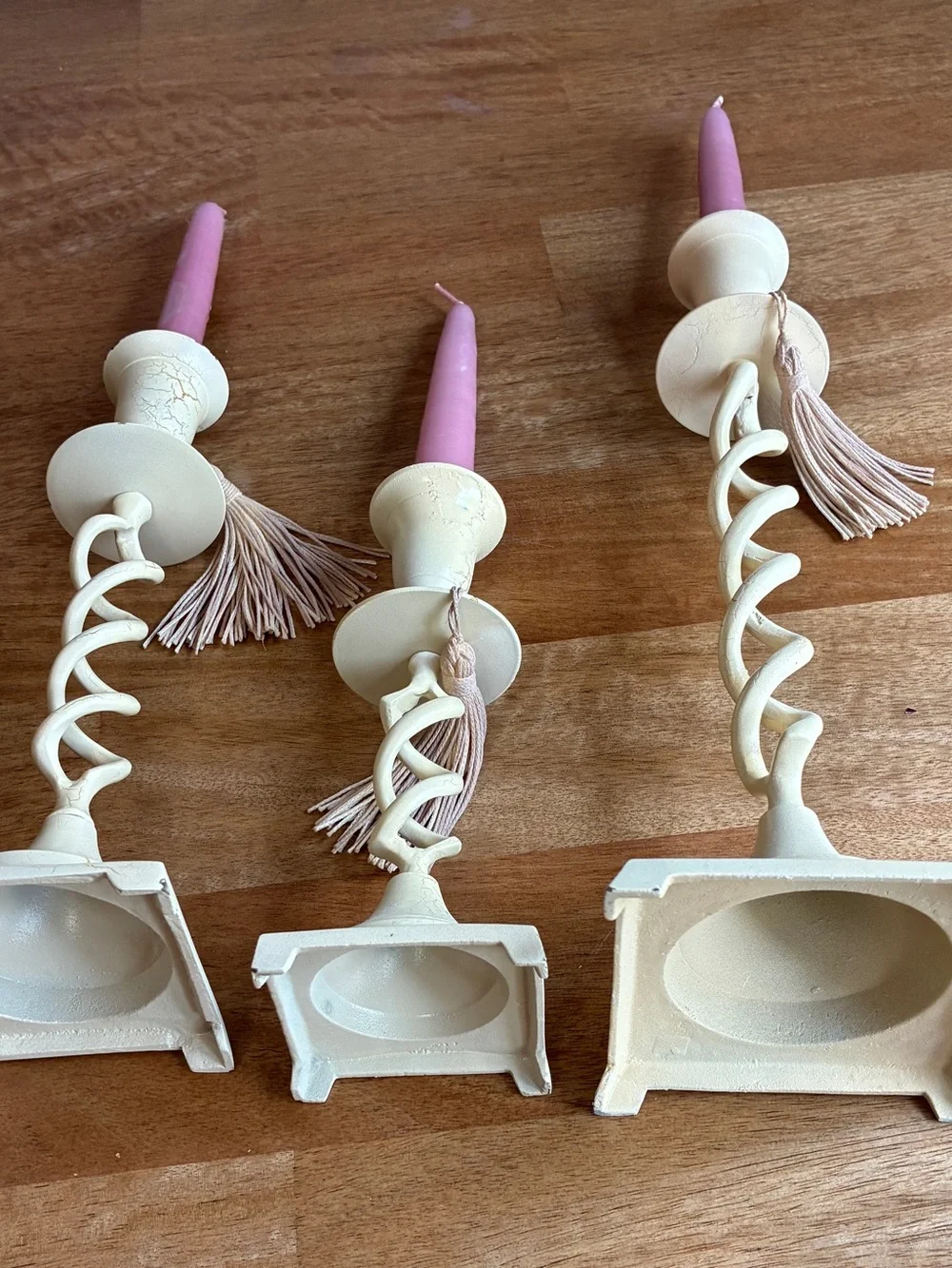 3 Pink Taper Candles in Cream Spiral Candle Holders - Brand Unspecified